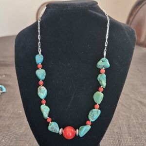 Turquoise and Coral Bead Sterling Chain Necklace